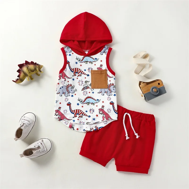 

2023-04-22 Lioraitiin 0-3Years Independence Day Baby Boy 2Pcs Outfits Summer Dinosaur Print Sleeveless Hoodie Stretch Shorts