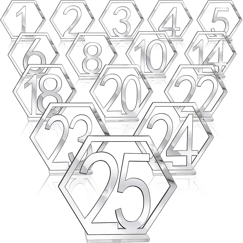 Numbers 1-40 Seats Card Acrylic Mirror Gold Silver Hexagon Hollow Bar Cafe Wedding Table Card Banquet Display