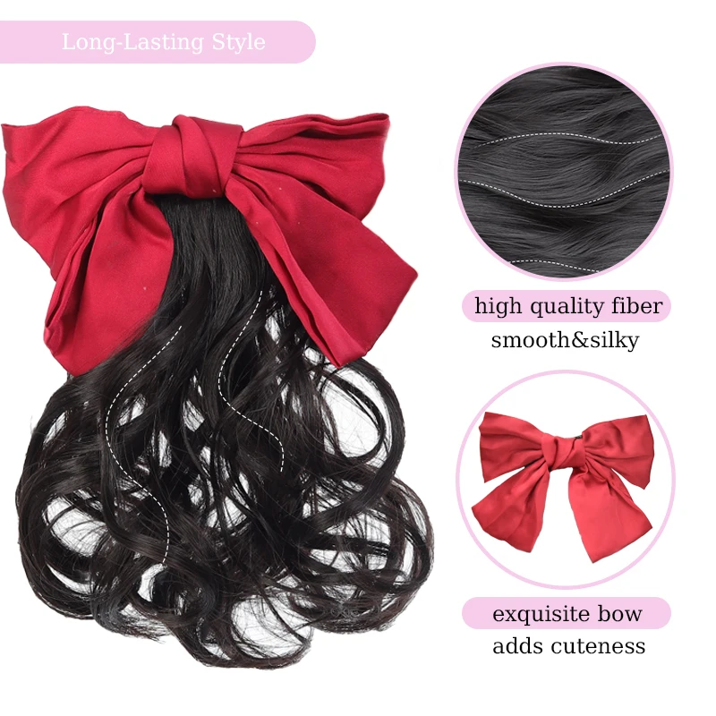 Synthetic Wavy Hair Ponytail Extensions Kids’ Bow Wig Clip Short Wavy Ponytail Hairpiece with Red&Black Bow for Kids Daily Use
