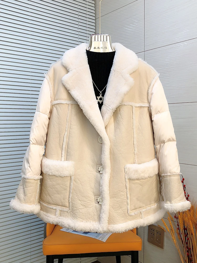 2024 Women Winter Warm Real Natural Merino Sheep Fur Coat Goose Down Jackets Thick Coat Female Outwea Puffer Jackets