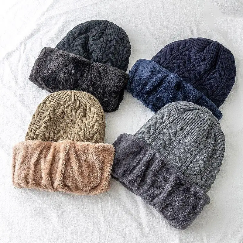 Hot Sale Unisex Thicken Winter Hat Keep Warm Plush Fur Lined Cap Stylish Beanie Hats For Men Women Outdoor Knitted Hat