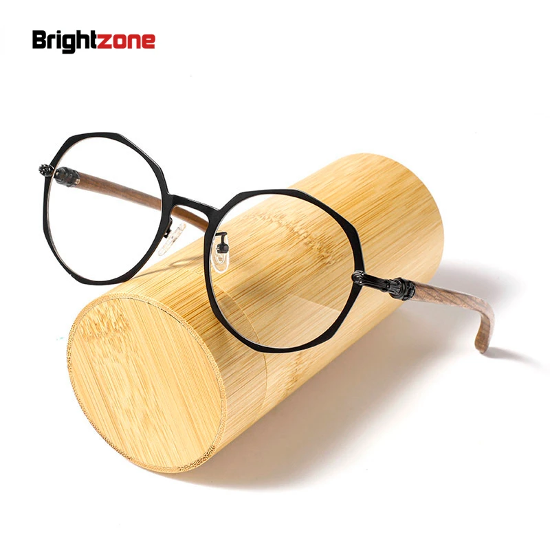 

Brightzone Retro Round Polygon Wood Temple Metal Eyewear Prescription Eyeglasses Frame Men Women Myopia Optical Rx Glasses Frame