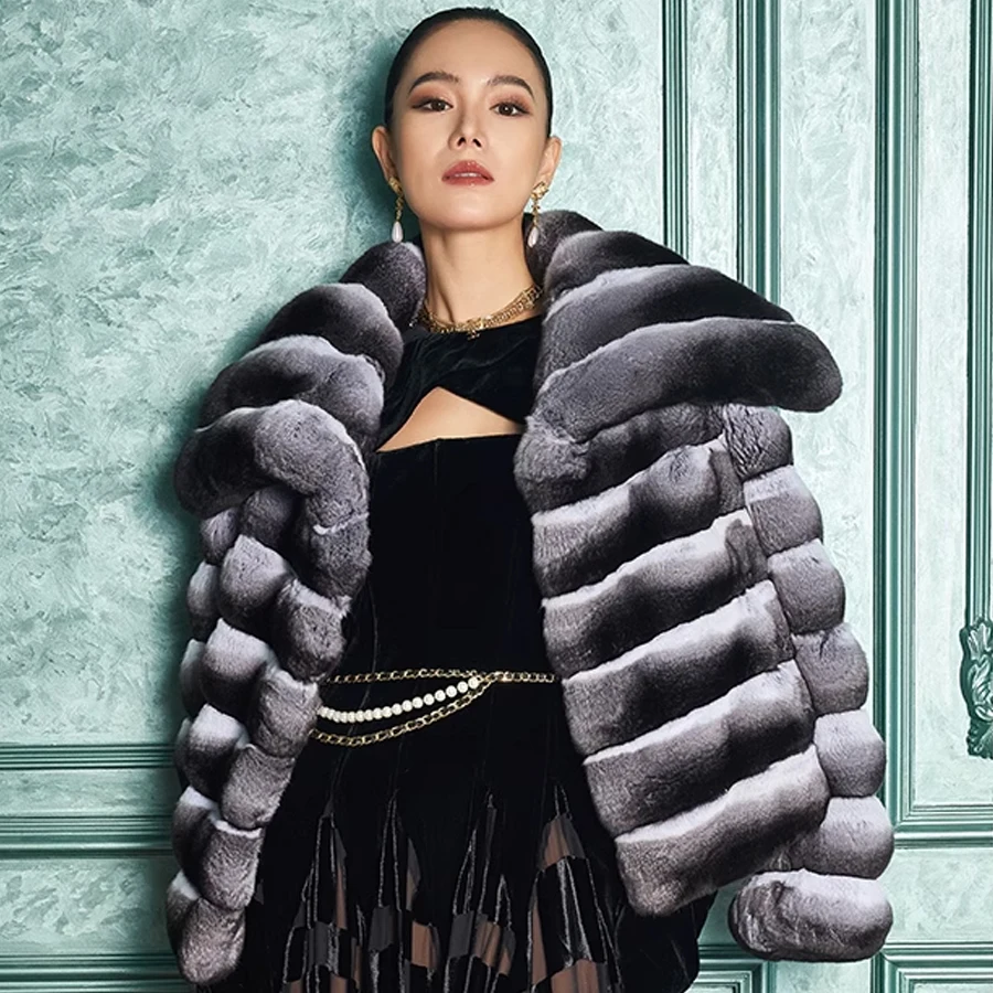 

Real Rex Rabbit Fur Coat Chinchilla Jacket Short Fur Coat With Lapel 2023 Luxury Winter Natural Fur Coat