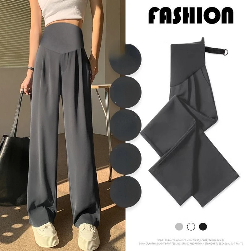 Summer Thin Design Maternity Belly Trousers Office Lady Elegant Suits Pants Plus Size Pregnant Women's Wide Legs Long Trousers 3