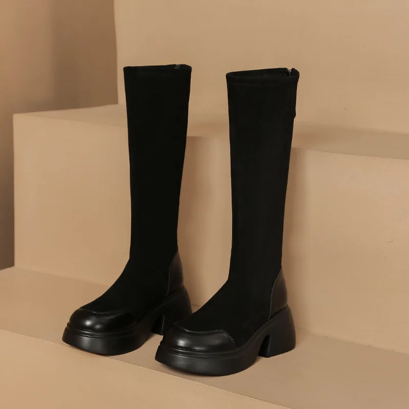 

2023 Winter Round Head Thick Sole Women's Boots Black Suede Soft Leather Boots Back Zipper Long Boots