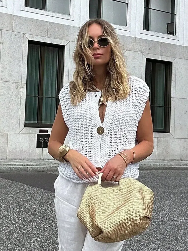HH Spring Women Elegant Solid Metal Buttons Sweater Vest With Pockets Sleeveless Waistcoat Y2k Crop Top Vest Female Knit Vests