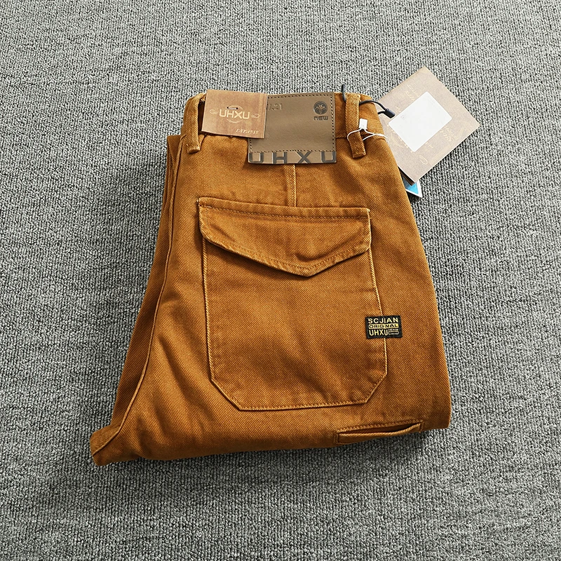 Autumn Winter American Heavyweight Retro Men's Loose Straight Leg Overalls Cotton Woven Twill Casual Trousers