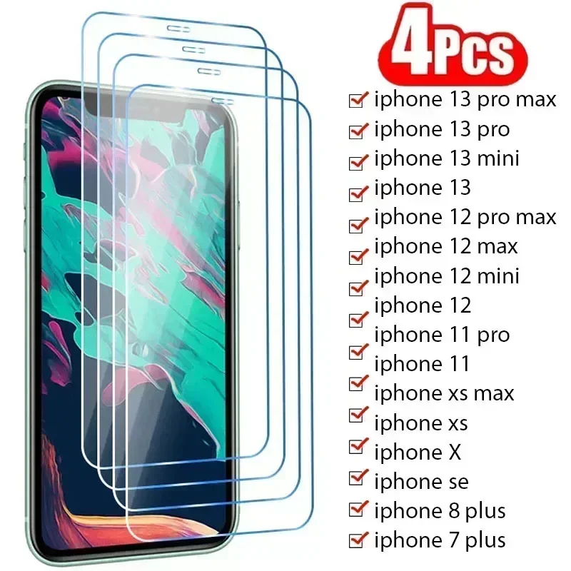 

4 шт. закаленное стекло для iPhone 14 13 12 11 Pro Max Mini, Защита экрана для iPhone 14 8 7 6 6S Plus X XR XS Max SE 2022, стекло