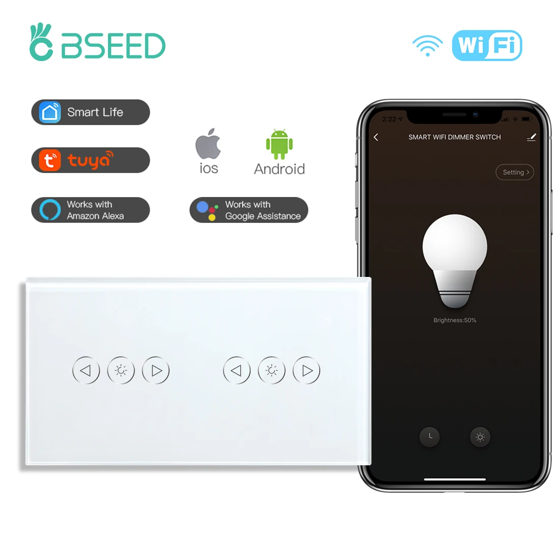 Bseed-interruptores de Luz de Toque Reguláveis Interruptor Dimmer Wifi Led Duplo Retroiluminação Azul Painel de Vidro Trabalhar com Google e Tuya Smart Life
