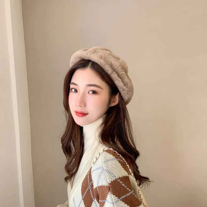 Hot Sale Y2K Rabbit Fur Beret Hat Female Autumn Winter Warm Candy Color All-match Sweet Cute Plush Painter Hats Brim Cap Gorras_autovado.com