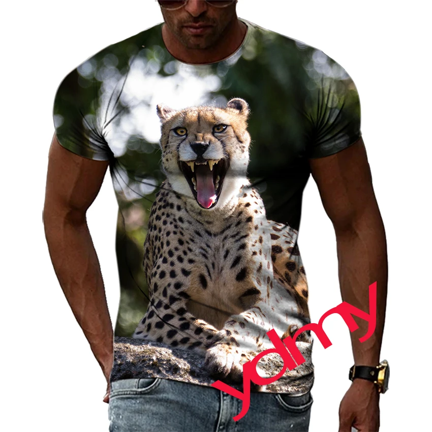 

Tide Fashion Summe Cheetah Picture Men's T-shirt Casual Print Tees Hip Hop Personality Round Neck Short Sleev Quick Drying