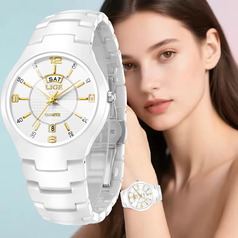 LIGE Ceramic Women's Quartz Wristwatch Waterproof Stainless Steel Week Date Ladies Watches Fashion Elegant Bracelet Watch Women