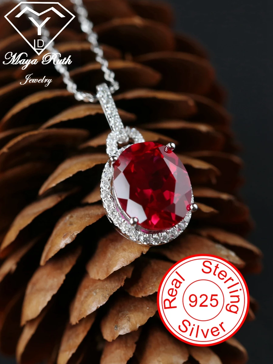 

Lab Created Ruby Gemstone Pendant 925 Sterling Silver Party For Women Anniversary Gifts Red Stone Female Pigeon's egg Necklace