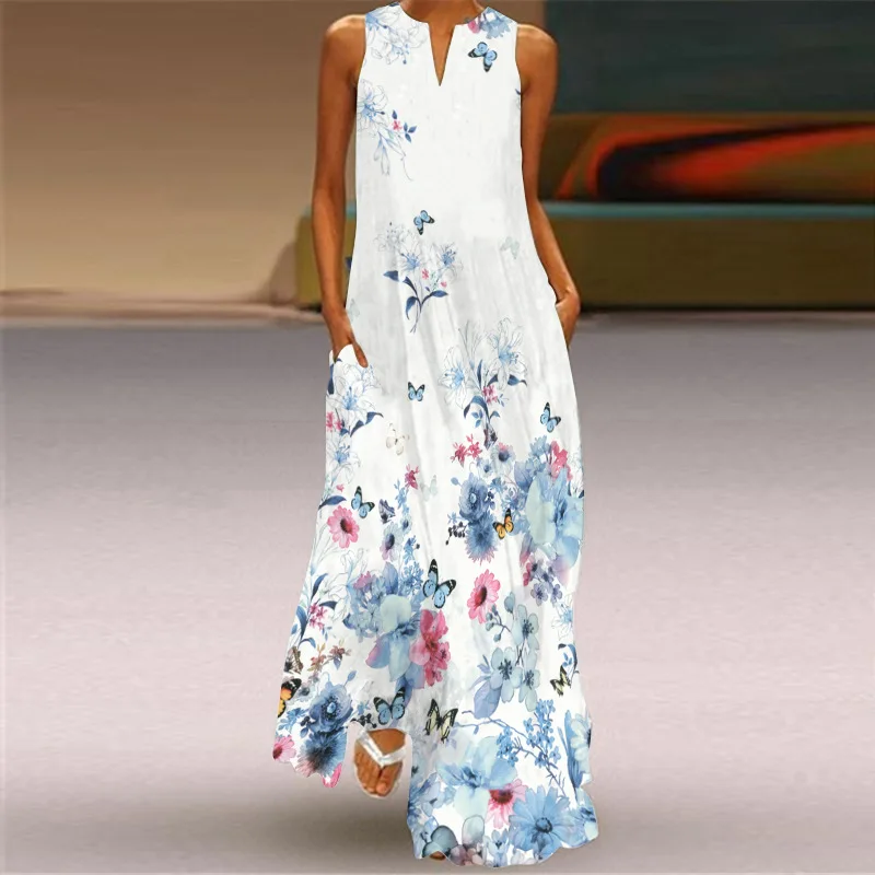 

Women's Beach Maxi Dress 2024 Summer Long Dress Vacation V-neck Sexy Long Robe Sleeveless Dress Vestidos Vintage Платье Летнее