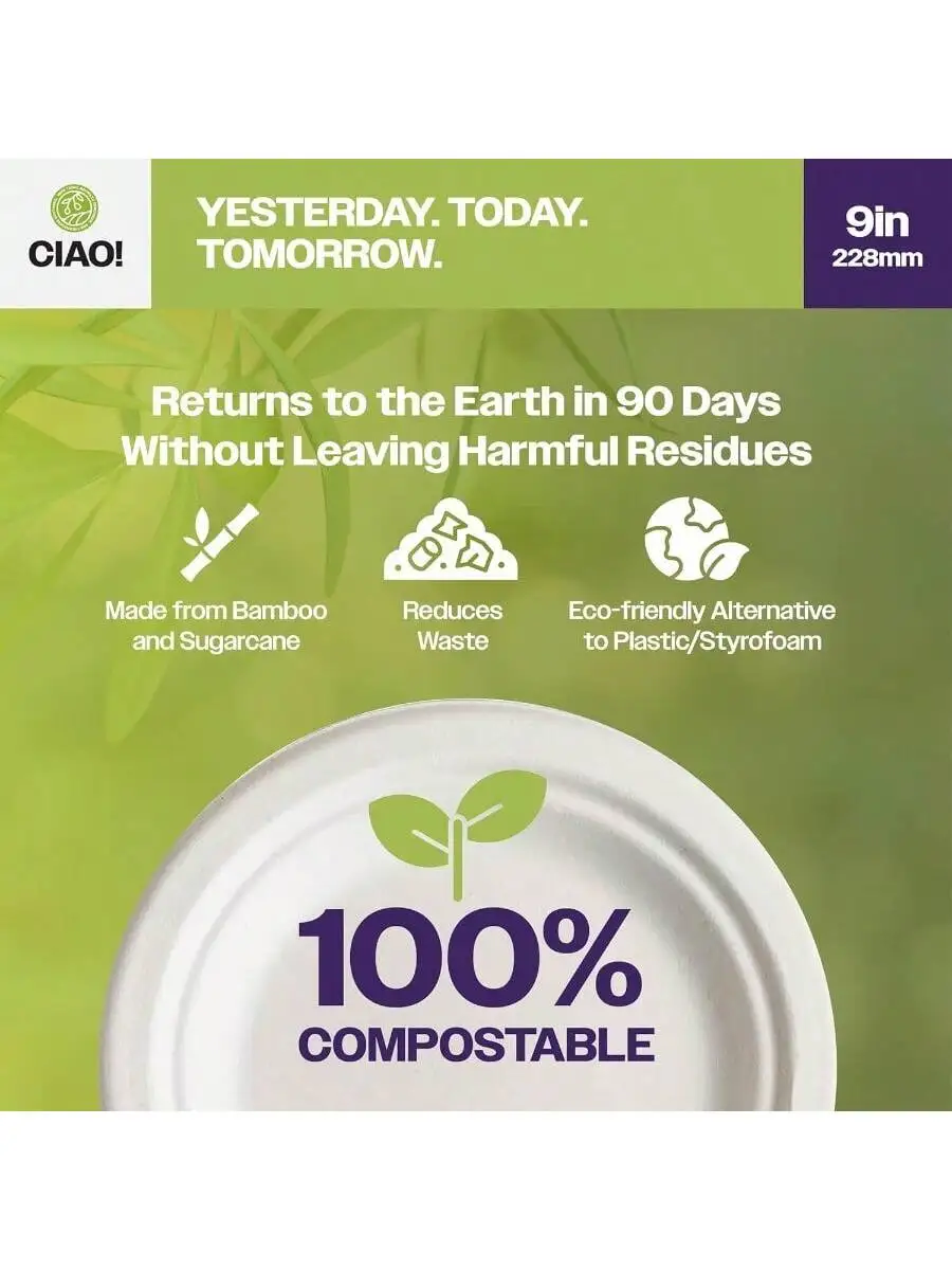 CIAO! 9" Heavy Duty Plate Compostable PFAS Free Unbleached Bagasse Natural White Pack of 500