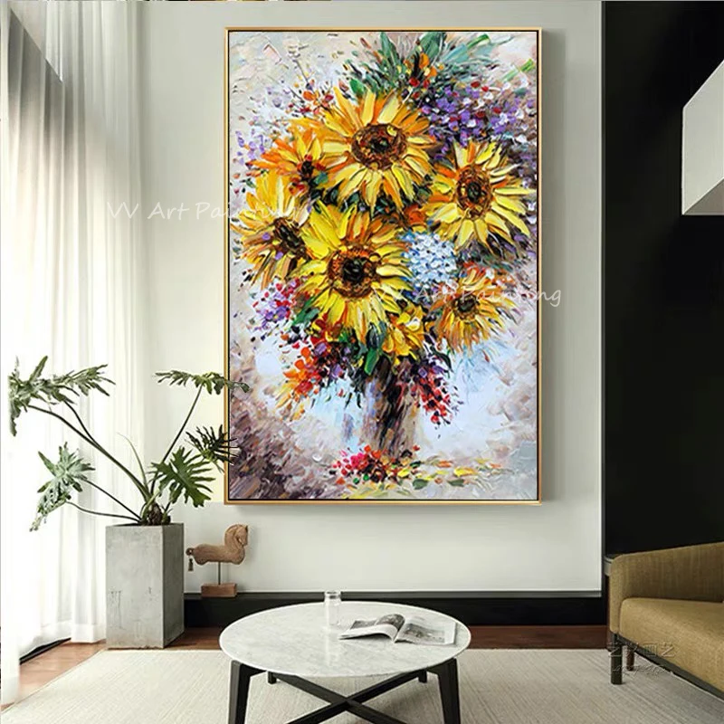 

100% Handmade Abstract yellow sunflower plant large size beautiful flower landscape Oil Paintings on Canvas Modern Artwork