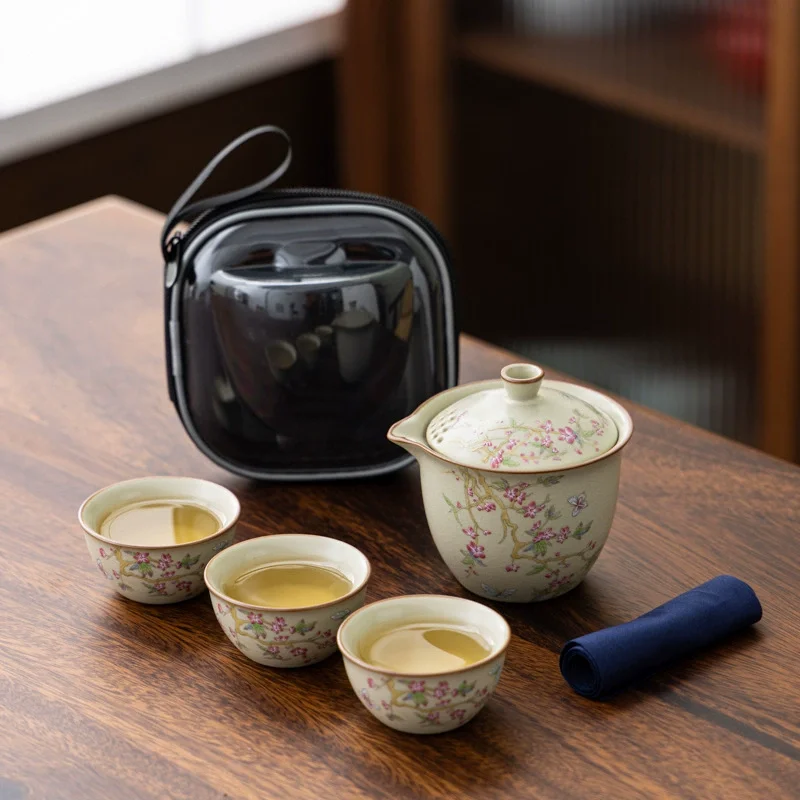 Hand-Painted Peach Blossom Three-Cup Travel Pack Ceramic Travel Kung Fu Tea Set Ruyao