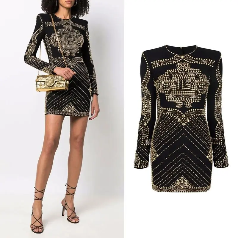 

2022 European And American Stars Fashion New Heavy Industry Ironing Metal Sheet Elastic Tight Long Sleeve Dress Women's Dress