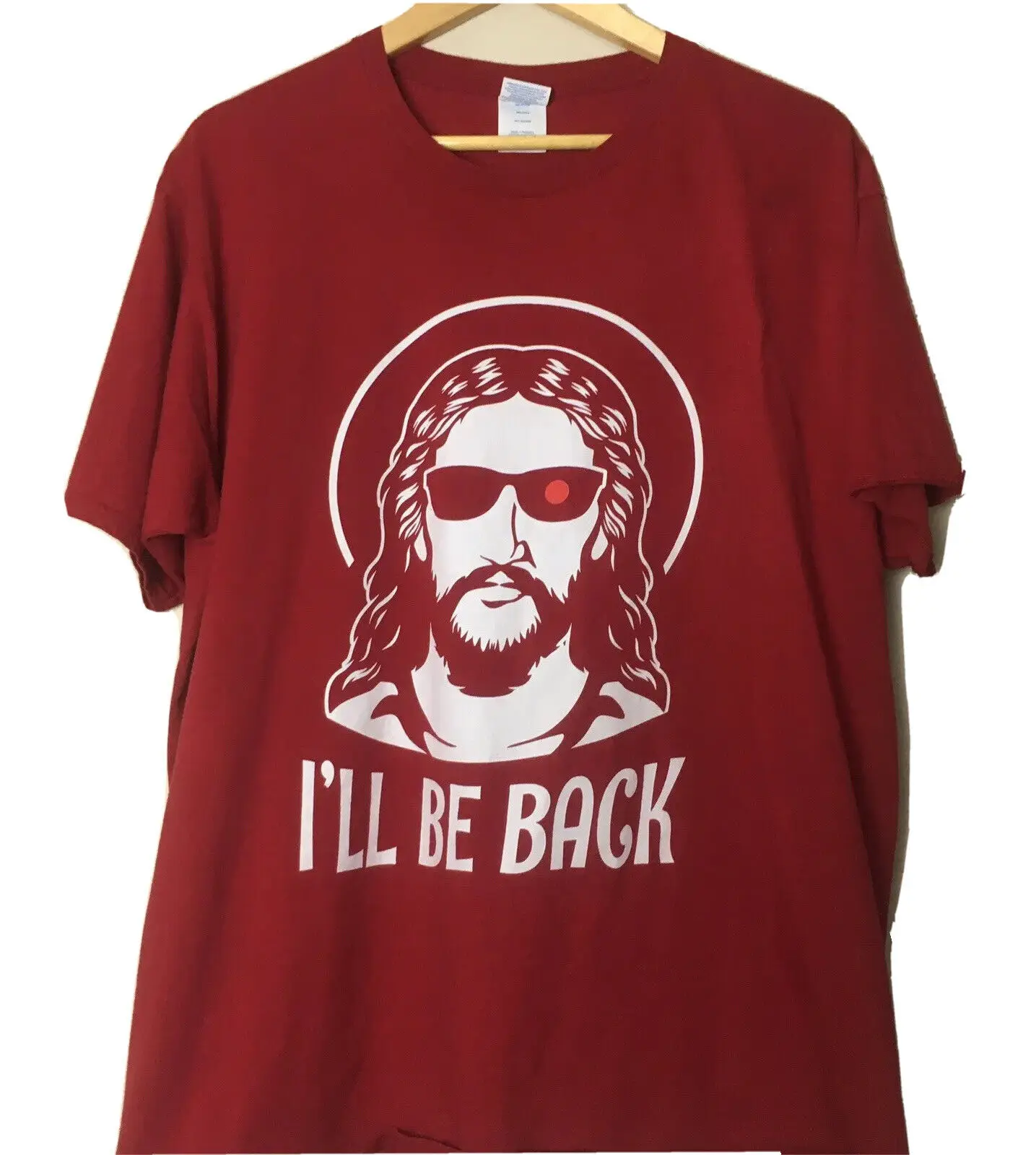 Camicia Gesù I Will Back Terminator 2 Manica Corta Rossa Girocollo Christian Xl Maniche Lunghe