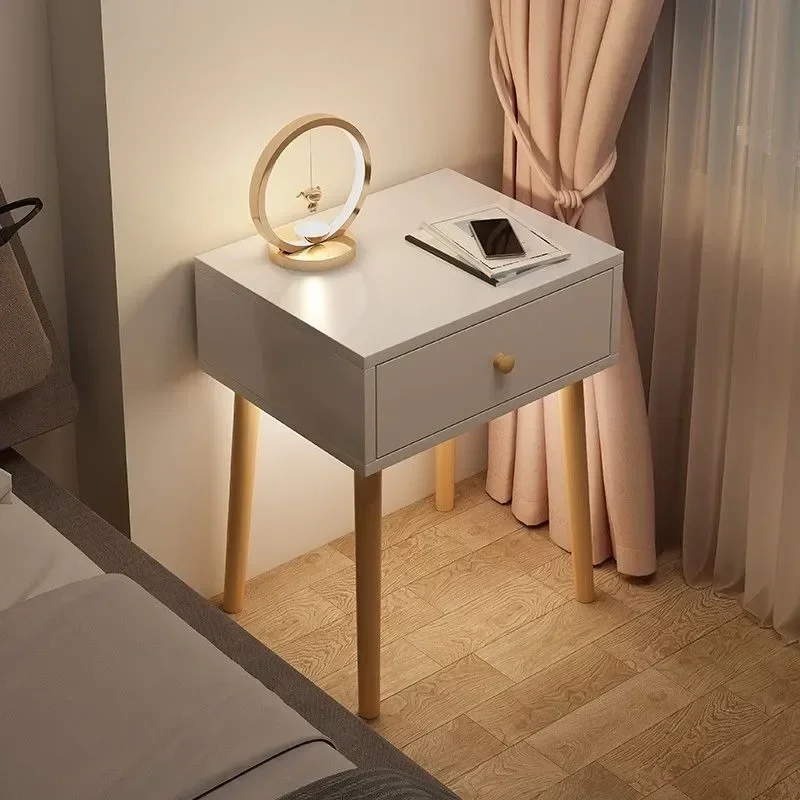 Modern Nightstand with Drawer, Bedside Table with Solid Wood Legs, Adorable Practical End Side Table Open Storage Shelf