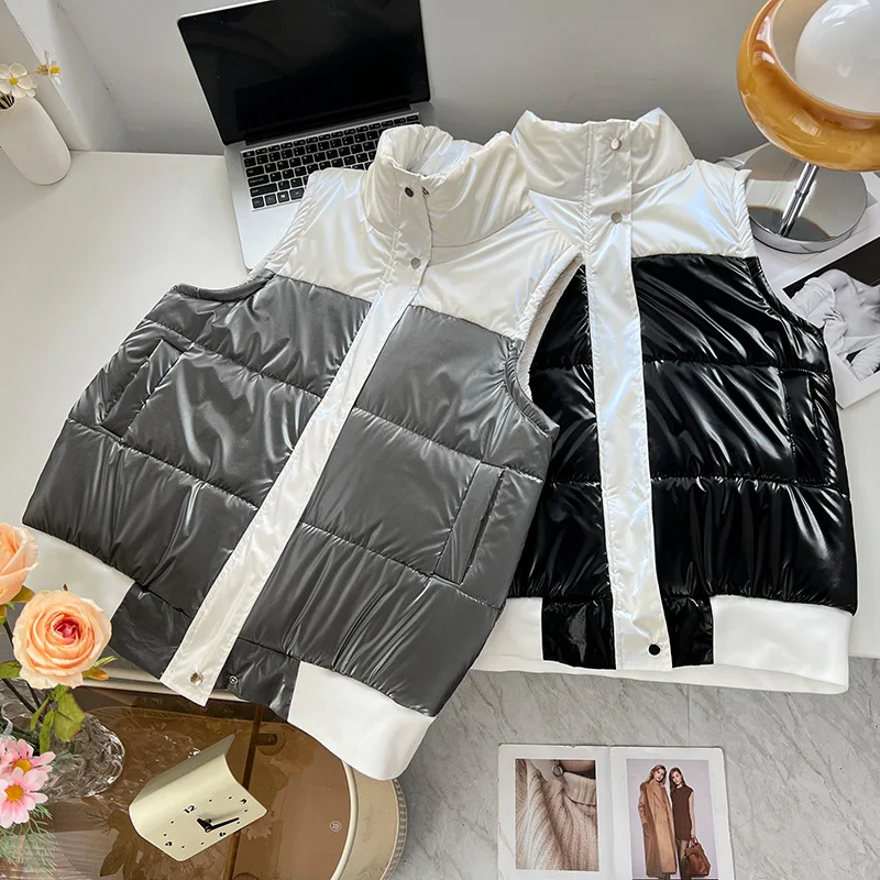 Womens Plus Size Parkas Winter Casual Clothing Fashion Shiny Block Color Thick Warm Padded Jacket Stand Collar Sleeveless Vest