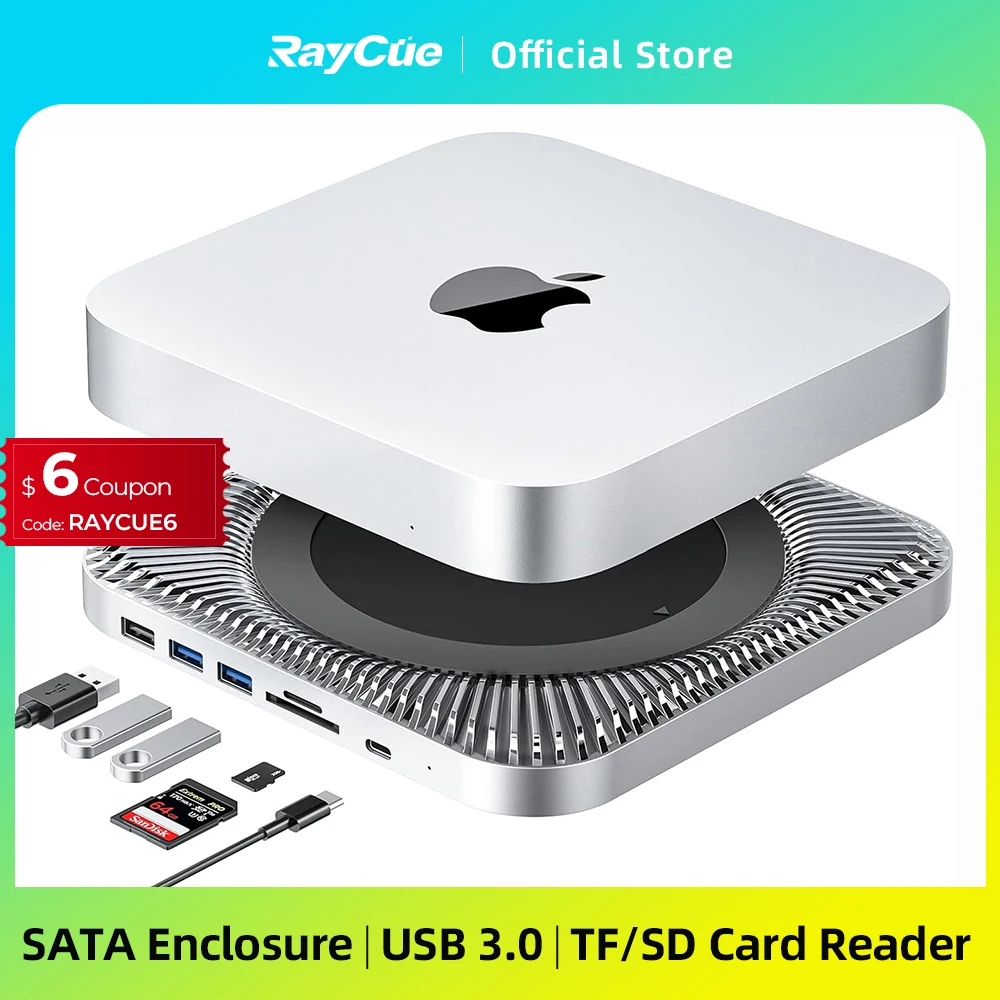 

RayCue 7 in 1 USB C HUB for Mac Mini Docking Station with 2.5 SATA Enclosure SD TF Card Reader USB 3.0 for Mac Studio Mini Dock