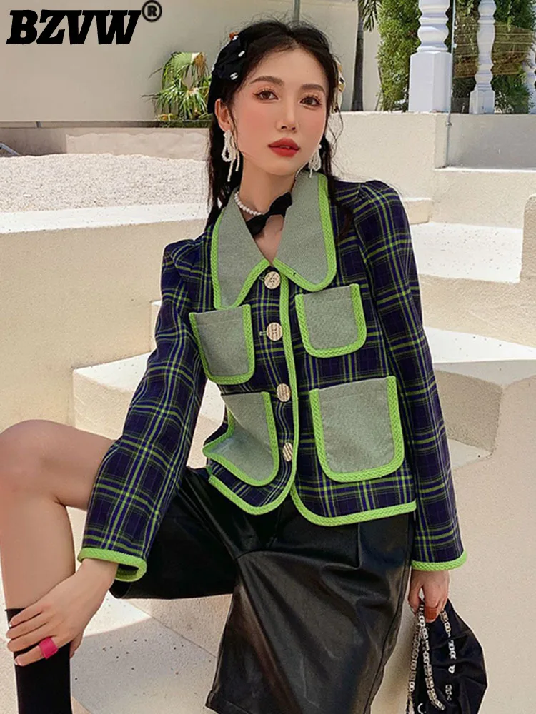 

BZVW Vintage England Plaid Designer Blazer For Women 2023 New Trend Spring Autumn Chic Packet Design Casual Suit Jacket Female