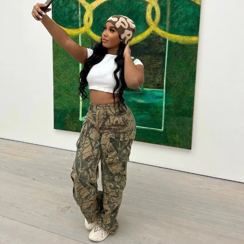 2023 New Camouflage  Print Hight Waist Pants Casual Pocket Cargo Pants Streetwear Y2K Trousers Club Fashion Women Clothing