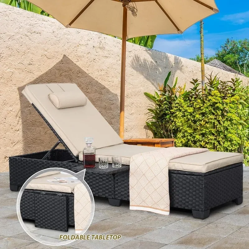 Outdoor Chaise Lounge Chairs for Outside Patio Furniture Set of 2 Wicker Recliner Black Rattan Reclining Pool Lounge Chair