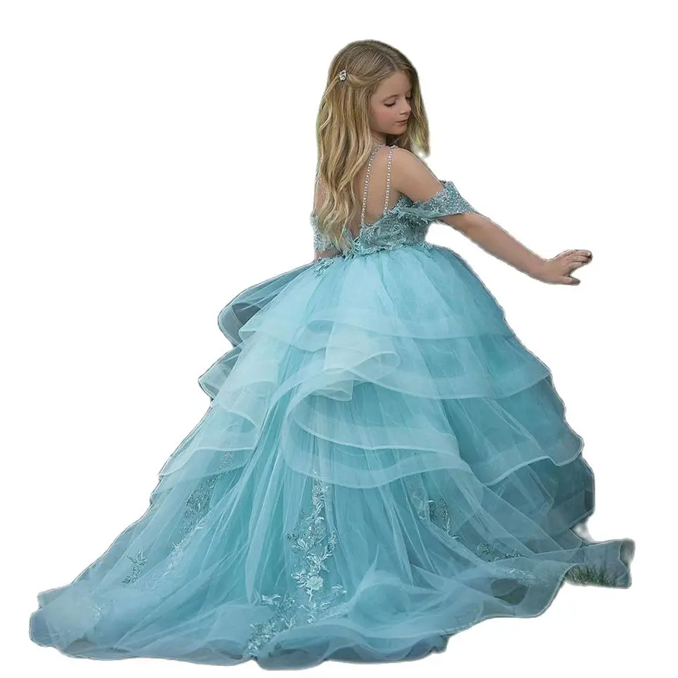 

Puffy Flower Girl Dresses Off The Shoulder Princess Dress Tulle Beading Cute Kids Dress Elegant Vestidos Novia Ball Gown