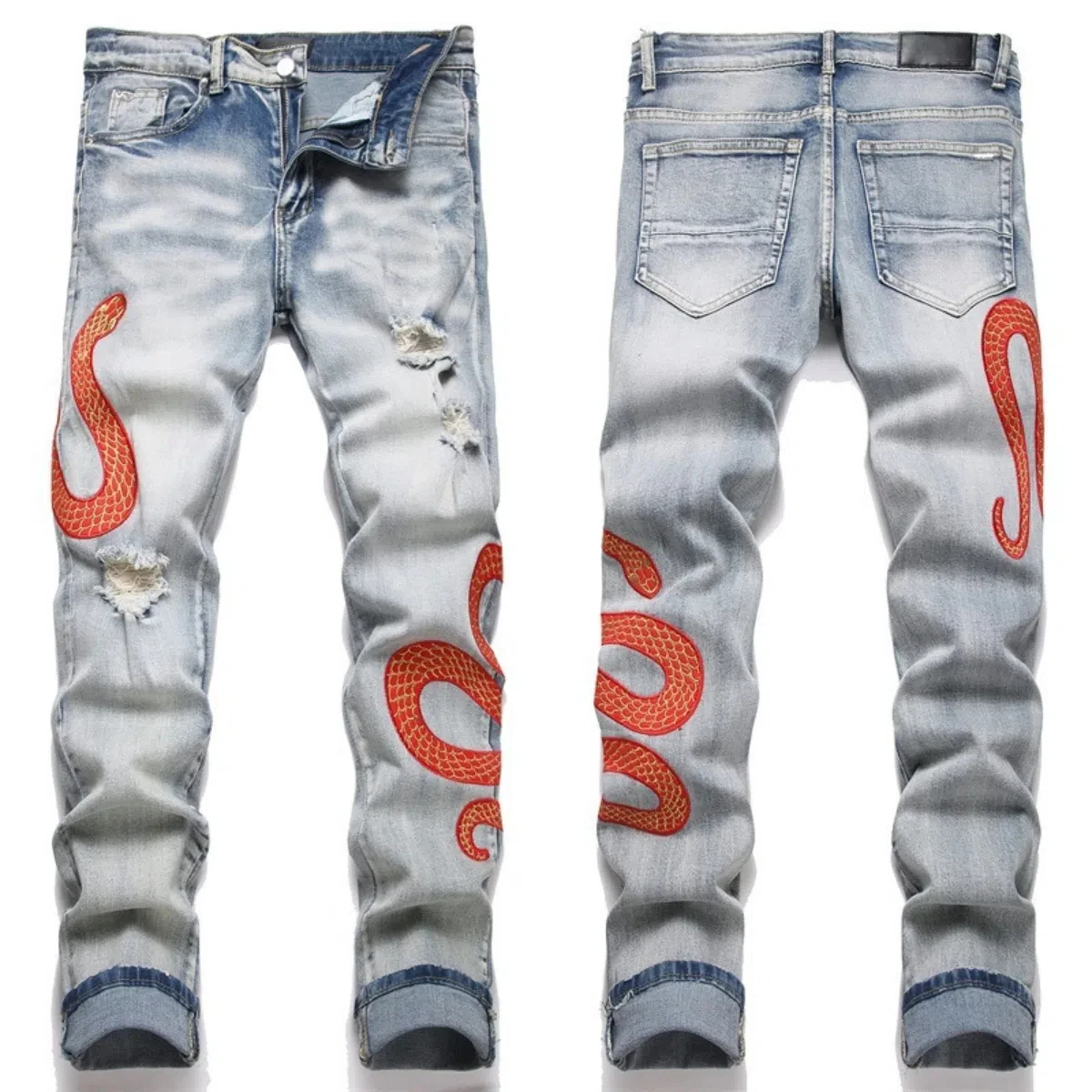 جينز رجالي مطرز من قماش الدنيم مزين بالألماس ثلاثي...