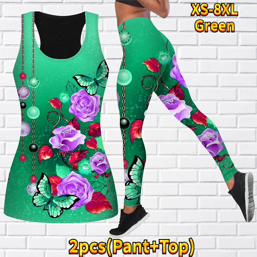 Women\'s Fashion 3D Blossom Print Tank Top and Tights Summer Sleeveless Slim Fit Tank Top Yoga Set XS-8XL