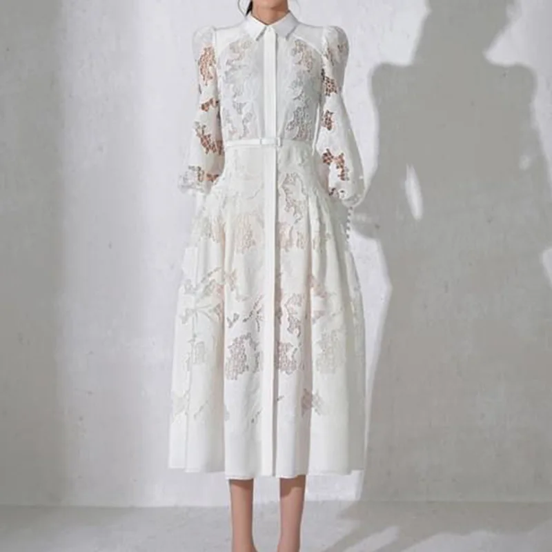 2024 New In Spring/Autumn Lace Long Women Evening Dress Hollow Embroidery Formal Party Dress Prom Dress Puff Sleeve Niche Design
