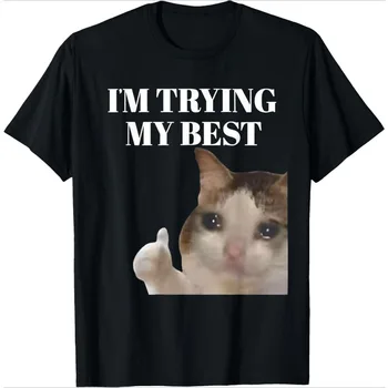 Sad Cat Emoji T-Shirt Humorous Letter Print Women's Black Short-Sleeved Casual Loose-Fit Basic Crew Neck Top for Daily Wear 1