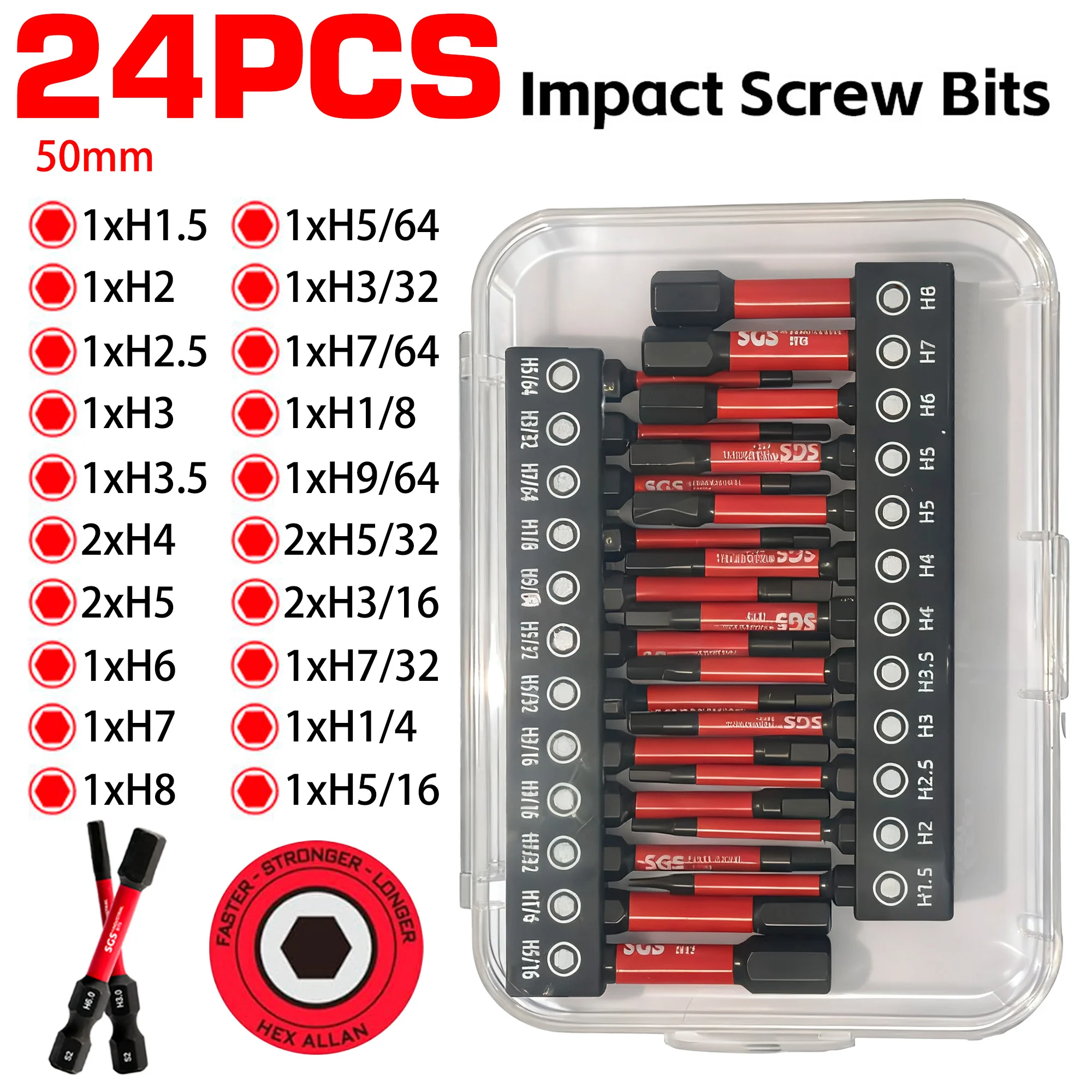 12/24-teiliges 50-mm-Schraubendreher-Bit-Set, metrisch und imperial gemischt, aus S2-Legierungsstahl mit Drehmomentdämpfung, magnetischer Anti-Rutsch-Funktion, spezialisiertes Reparaturzubehör für elektrische Schlagschrauber