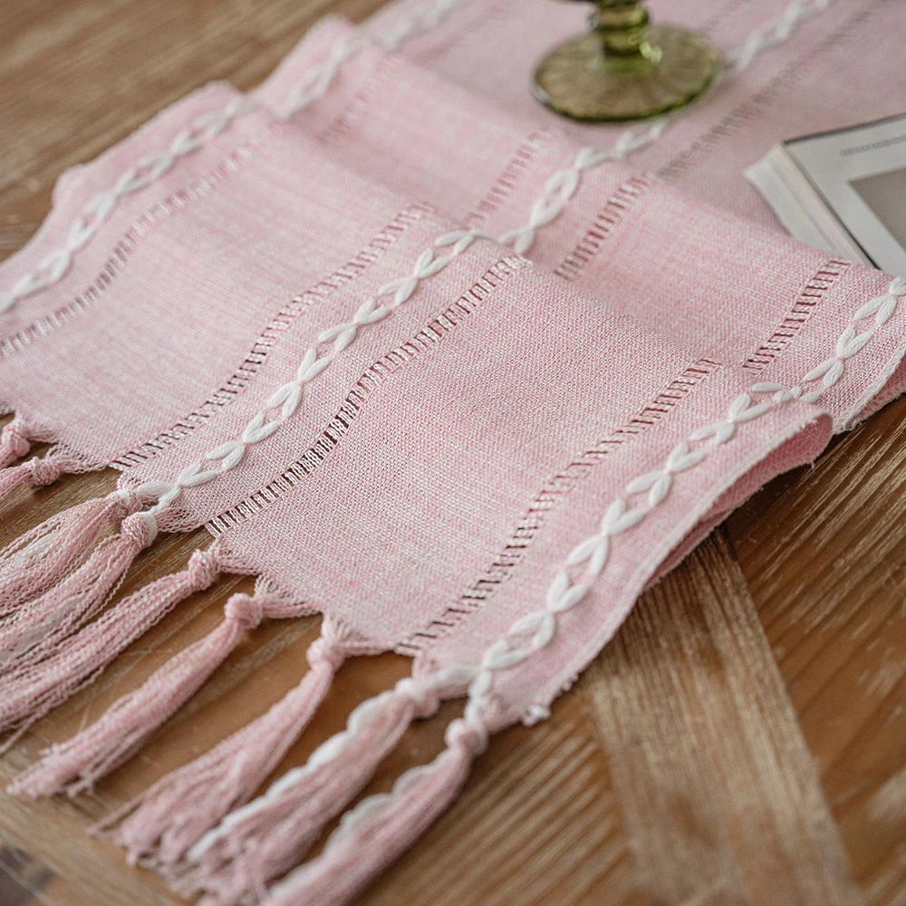 Grüne Tischläufer im Boho-Rustikalen Stil mit Quasten, Geflochtene Gestreifte Baumwoll-Leinen-Tischdecke für Essen, Partys, Feiertage und Hochzeiten – Detail 4