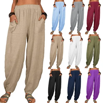 Vintage Boho Cotton Linen Pants for Women Summer Pockets Thin Beach Trousers Woman Casual High Waist Loose Harem Pants