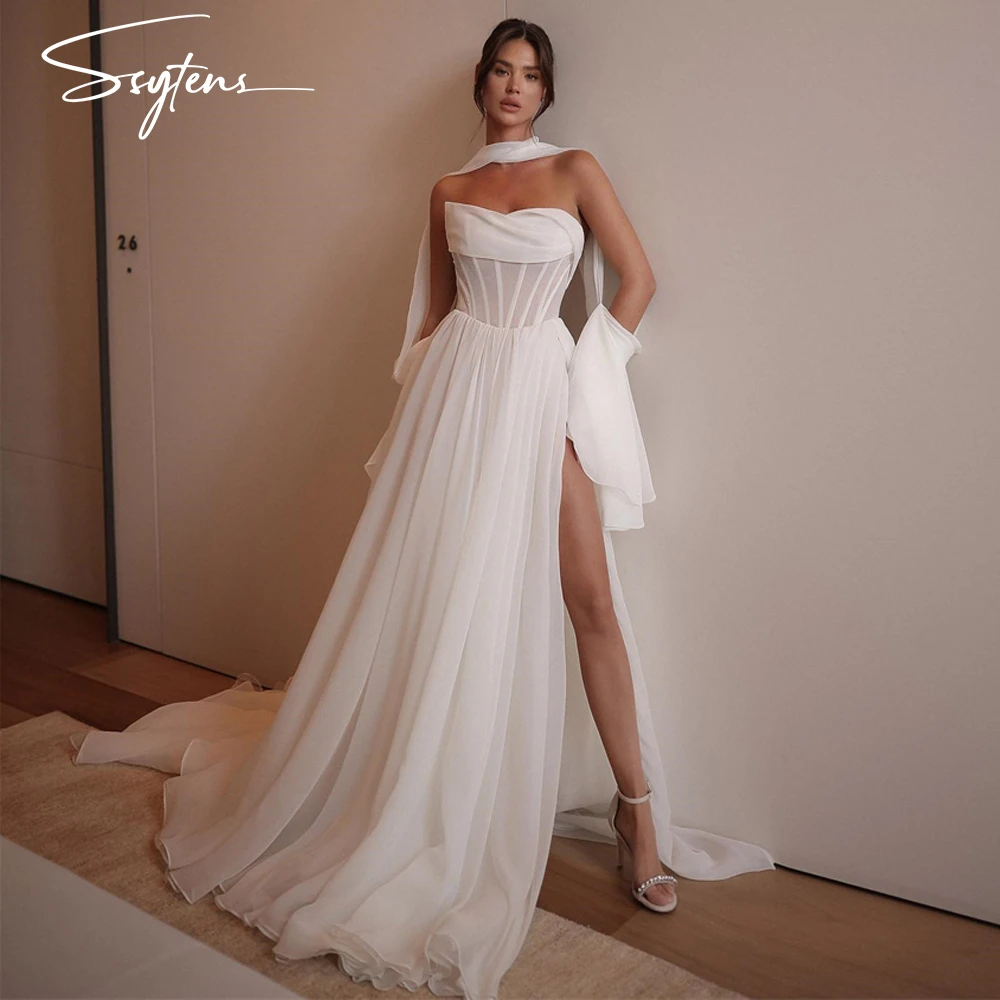 

Sexy A-line Robes De Mariage Organza Wedding Dresses Sexy Side Slit Trouwjurk Simple Sleeveless Hochzeitskleid Abito Da Sposa