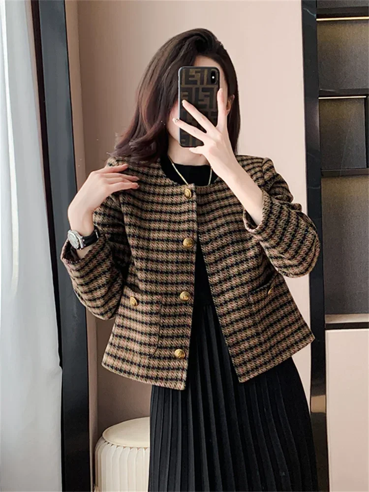 Modely 2pcs Elegant Women Plaid Crew Neck Long Sleeve Jacket And Pants Set