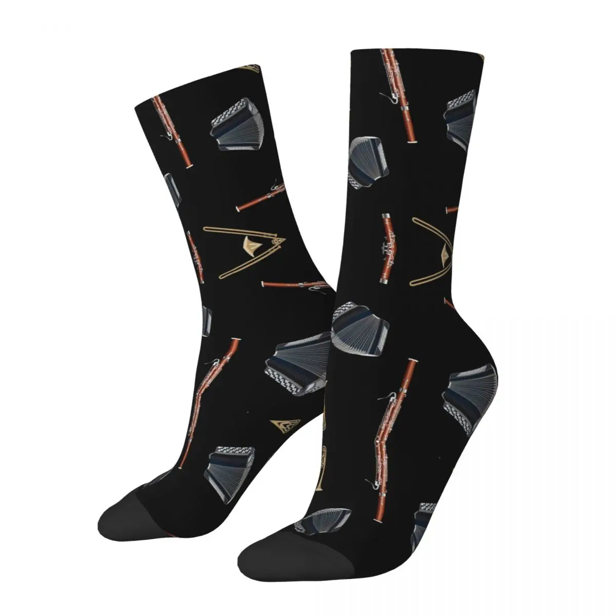 

Trombone, Bassoon And Accordion On Black Socks Harajuku Sweat Absorbing Stockings All Season Long Socks Accessories for Gifts