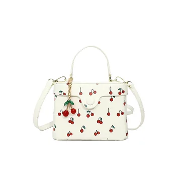 Women Trendy Crossbody Bag Cherry Printed Vintage Sling Bag Contrast Color Retro Bucket Handbag Travel Shopping Work Bag