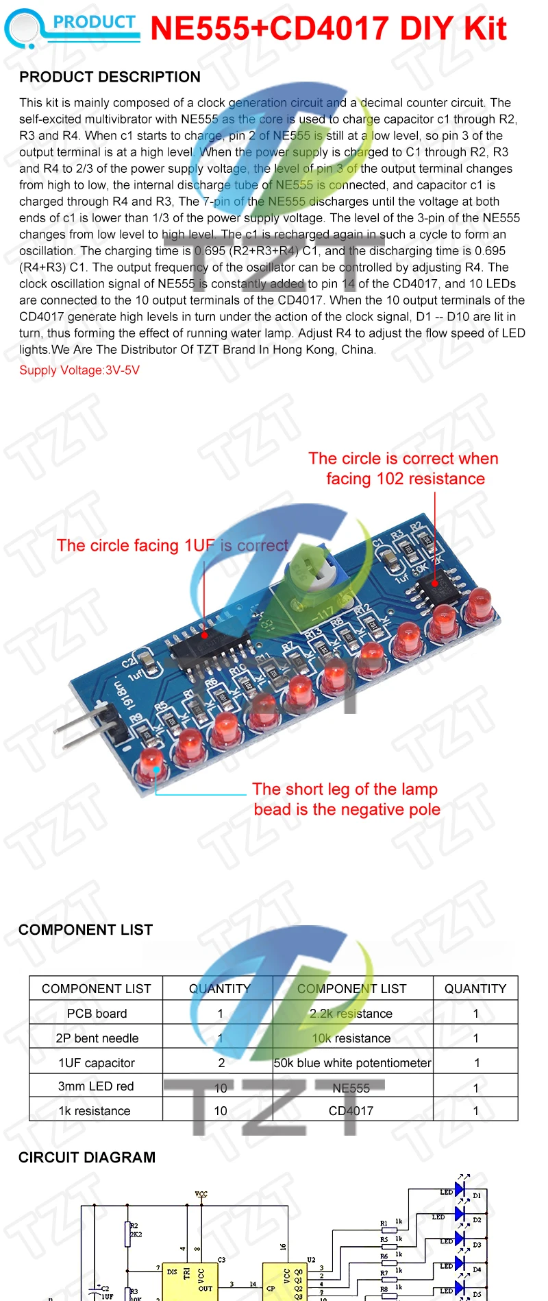 NE555+CD4017 Laufendes LED-Fließlicht TZT Elektronik-Produktionsset DIY-Kit – Detail 1