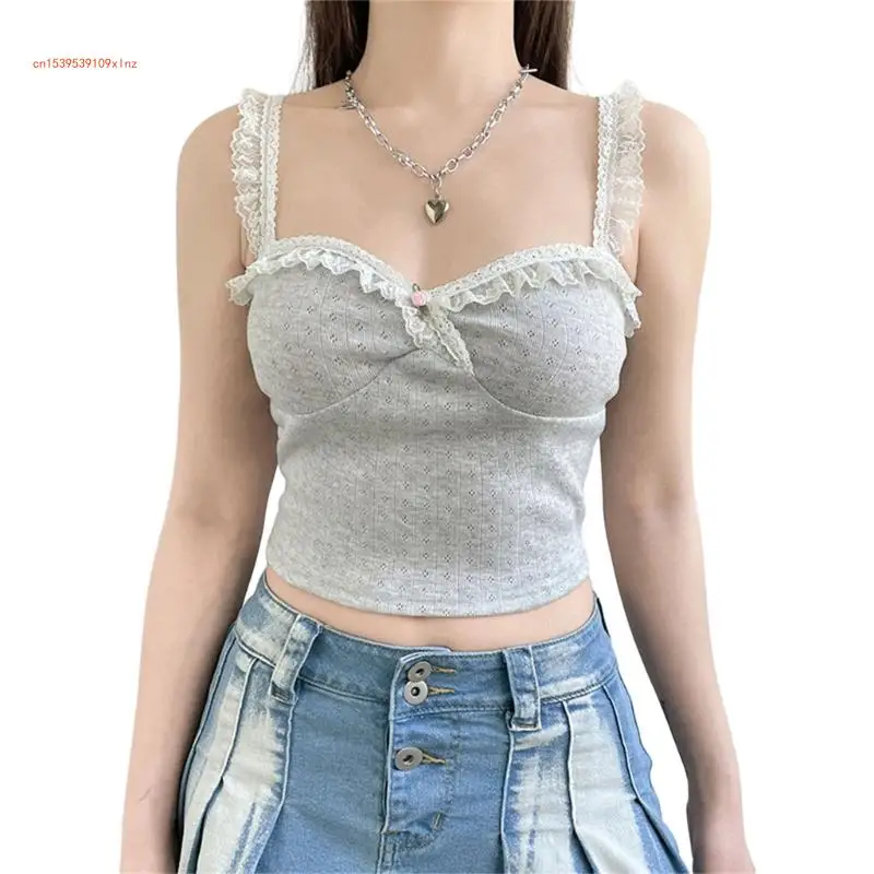 

Women Sweet Bowknot Hollow Out Eyelet Camisole Ruffle Lace Sweetheart Neck Crop Top Sleeveless Mini Vest