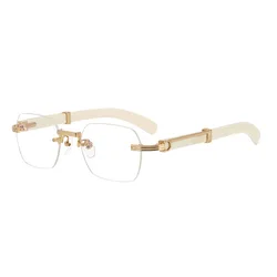 Luxury Rimless Reading Glasses with Buffalo Horn Temples - Anti Blue Light Business Eyewear (Golden White)