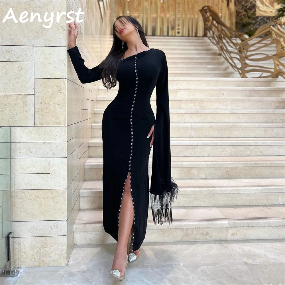 

Aenyrst Black Long Sleeves Beaded Saudi Evening Dresses Velour Mermaid Feathers Slit Prom Gowns Ankle Length Formal Party Dress