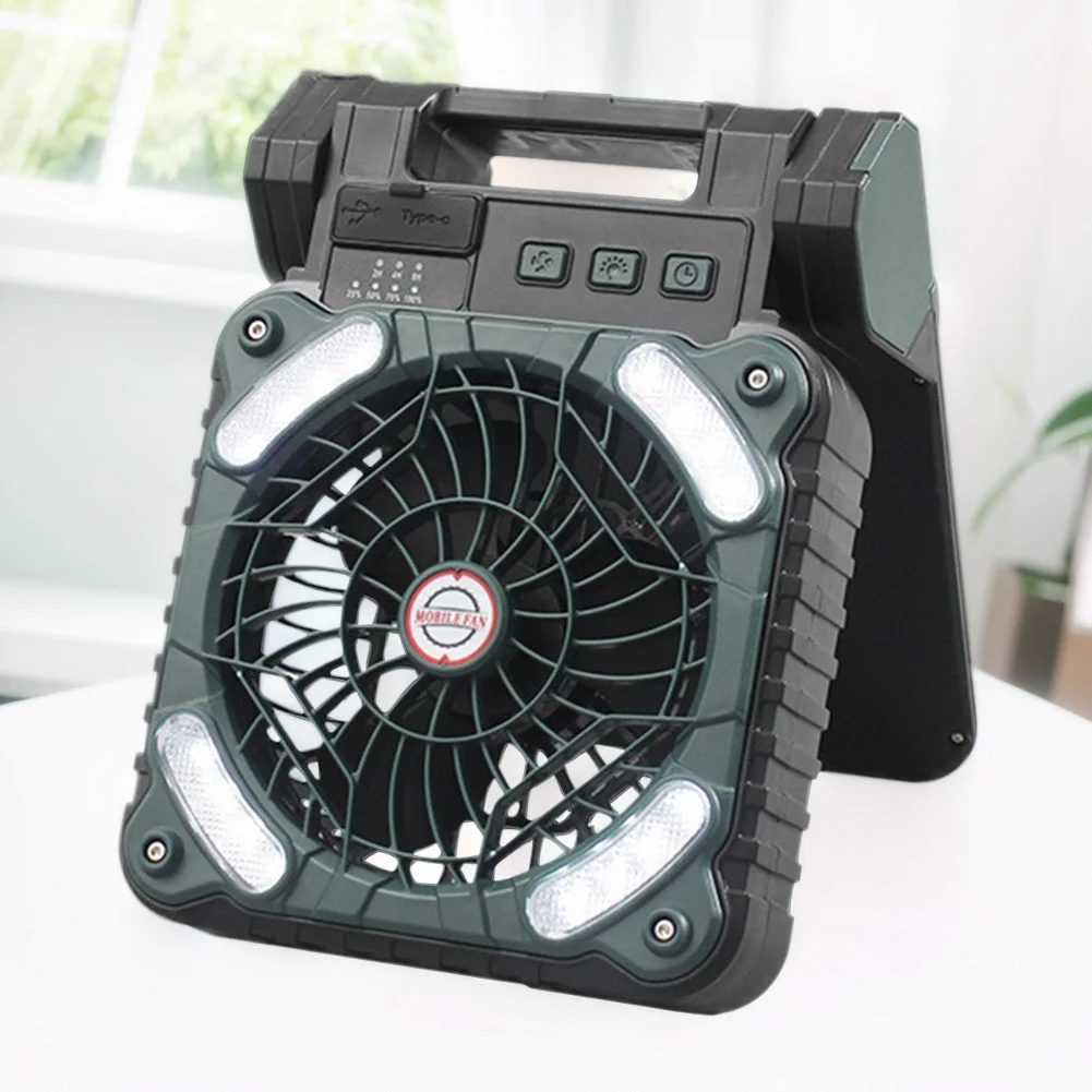 Solar Camping Fan 5200mAh Rechargeable Desk Fan 4 Speeds Portable Solar Fan with LED Light for Outdoor Camping Hiking