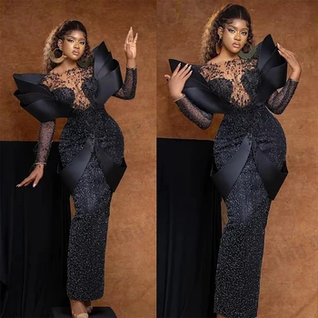 Black Lace Women's Evening Dresses Mermaid Elegant Round Neck Long Sleeve Princess Ball Gowns Formal Prom Party Customized Robe 1