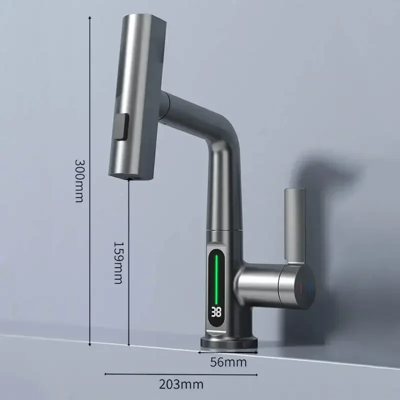 Waterfall Temperature Digital Display Basin Faucet Lift Up Down Stream Sprayer Hot Cold Water Sink Mixer Wash Tap Bathroom