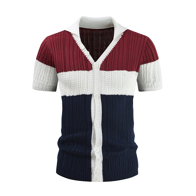 

Мужская винтажная трикотажная рубашка, дышащая рубашка контрастных цветов с короткими рукавами, пуговицами и отложным воротником, весна-лето