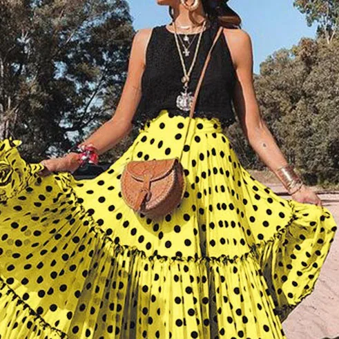

Polka Dot Women Ruffle Maxi Skirt Summer 2023 High Waist Female Vintage Long Bohemian Fairy Festival Clothes